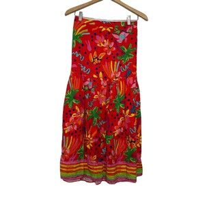 Maison D' Amelie Women's Small Colorful Tropical Midi Skirt Linen Rayon Pull On